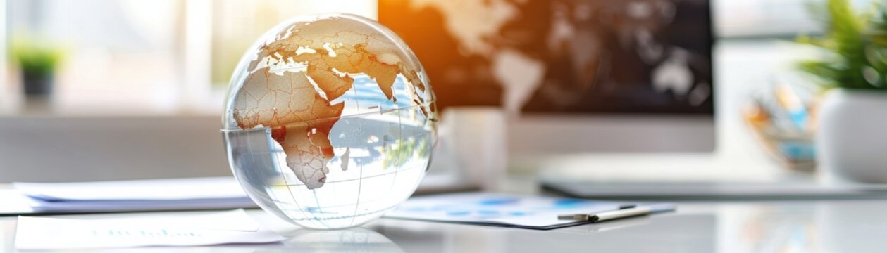 A clear globe highlighting Africa, placed on a desk with modern office decor, symbolizing global connections and opportunities.