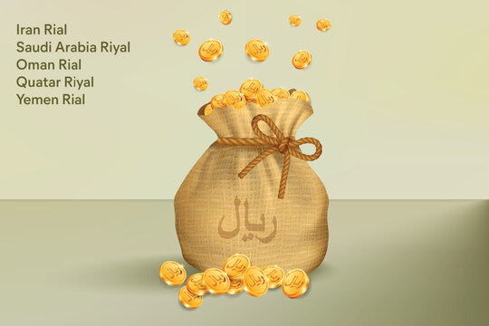 Riyal or Rial Gold Coins Falling in Sack of Bag. Realistic 3D gold coins. Vector Illustration Concept for Savings, Casino, Fortune, Profit etc.
