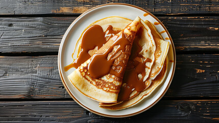 Two freshly made crepes lying on a plate, covered in delicious caramel sauce on a dark wooden table