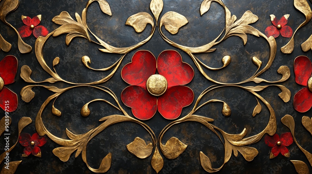 Wall mural Intricate floral patterns in gold and red create a stunning wall feature within a modern interior space