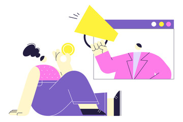 Online advertising. Man with a speaker in computer and girl sitting on a floor with money