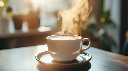 Close-up view of a hot coffee cup on a small plate, showcasing the rich steam and warmth, ideal for your beverage concept