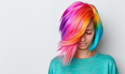young woman with vibrant rainbow hair, creative and stylish hairstyle, trendy fashion, modern beauty, colorful hair dye, bold hairstyle, expression of