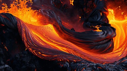 This image displays rope-like formations of lava, intertwining and glowing with intense heat. The patterns and textures highlight the dynamic and transformative nature of lava flow.