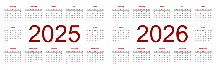 Calendar 2025, 2026. Week starts from Sunday, business template. Isolated vector illustration on white background.