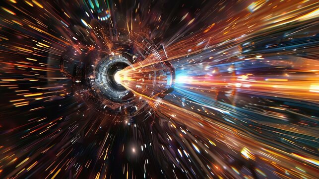 A dramatic depiction of warp-speed travel through a vibrant interstellar vortex, portraying the thrill and adventure of space exploration with bright colors and light streaks.