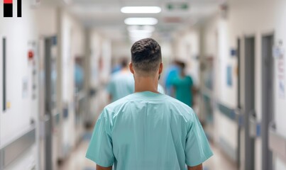 healthcare professional walking down hospital corridor - back view of doctor or nurse in blue scrubs - medical staff in hallway - hospital interior