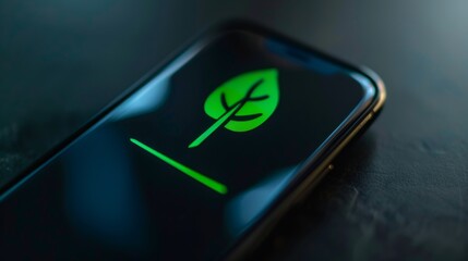 A smartphone screen displaying a green leaf icon with a loading bar, symbolizing eco-friendly technology or a sustainability-related application.