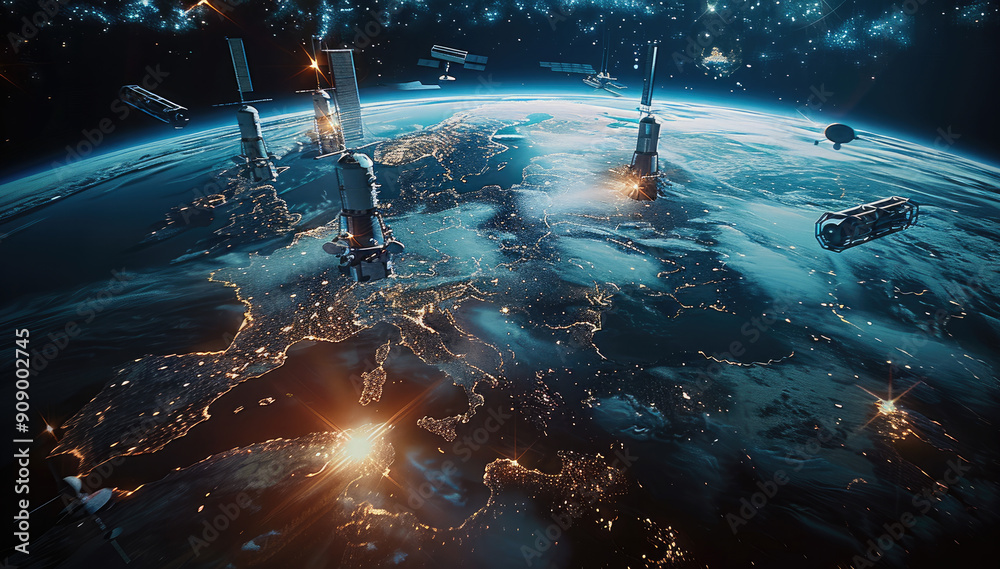 Poster in near-earth orbit, multiple communications satellites move around the earth, with the earth at the