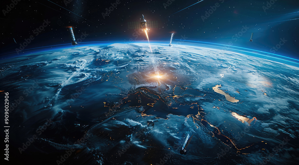 Poster in near-earth orbit, multiple communications satellites move around the earth, with the earth at the