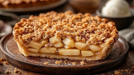 Present a vegan apple pie topped with a crunchy oat and nut crumble. Use soft, natural lighting to accentuate the crumble s texture and the pie s inviting appearance. The camera angle should be a
