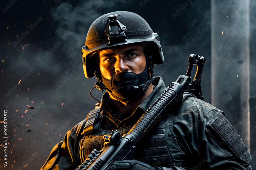 Wall mural Special forces soldier man in uniform of tactical Units of Police with weapon, in action. Explosion, smoke and fire sparks on dark black background, no name. Copy ad text space. Generated Ai