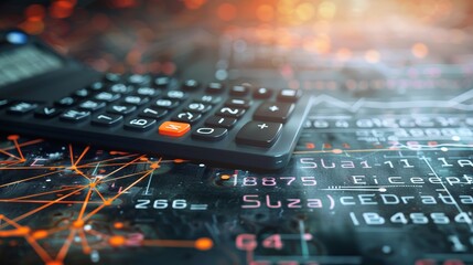 A calculator is placed on a digital background featuring numerous data elements and numerical information, representing technology, finance, and analytical concepts.