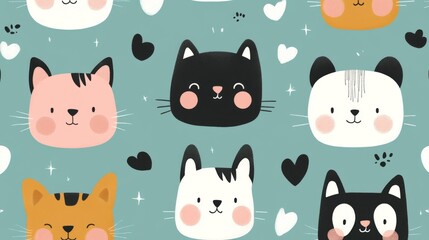 Fototapeta premium Seamless Pattern of Adorable Cartoon Cats with Hearts and Stars