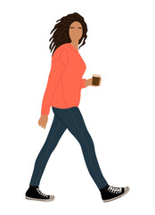 Girl walking side view. Modern woman wearing street fashion casual outfit, jeans and orange sweater with cup of coffee. Vector realistic illustration isolated on transparent background