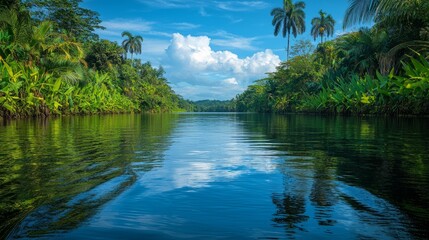 A river surrounded by lush tropical vegetation