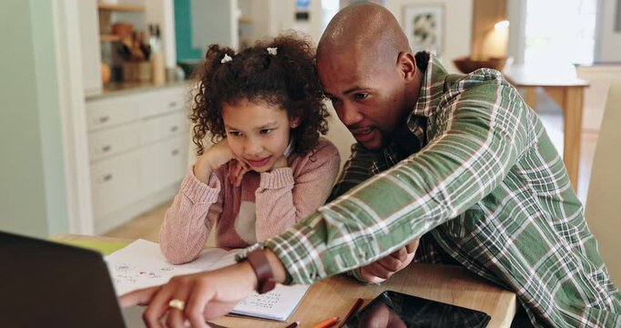 Father, girl and laptop for teaching, help and development in home with support, video and online class. Man, student and tech for study, elearning and growth in house with app and education
