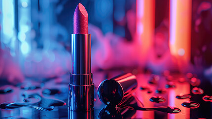 A multipurpose lipstick with neon background, harsh lighting. Generative AI.