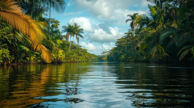 Tropical river surrounded by a lush forest. Costa Rica landscape