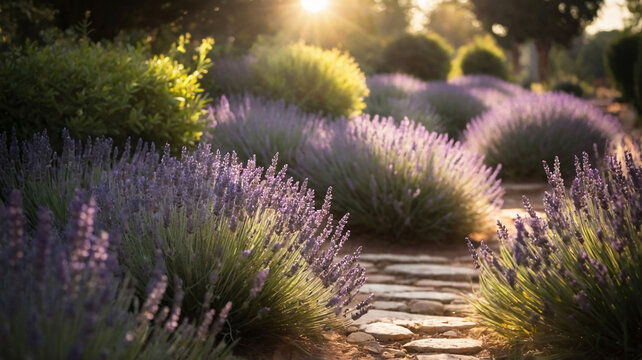 Fototapeta Lavender flowers growing in rows in spring garden at sunset. Lavender field, blooming purple flowers and garden path