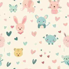 Whimsical Pastel Animals with Tiny Hearts Seamless Pattern for Girly Designs