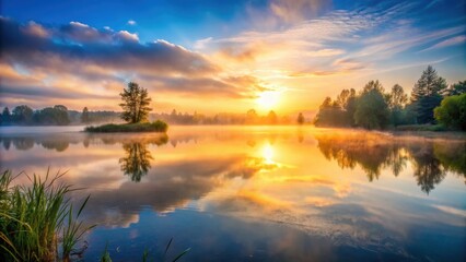 Fototapeta premium Serene sunrise over a tranquil lake with mist rising , nature, landscape, peaceful, calm, dawn, morning, water, reflection, beautiful