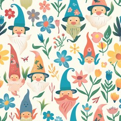 Fototapeta premium Whimsical Pastel Garden Gnomes and Flowers Seamless Pattern for Spring Decor