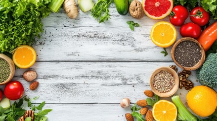 Top-down view of a selection of fresh, healthy foods on a white wooden table: fruits, vegetables, nuts, and seeds, highlighting nutrition