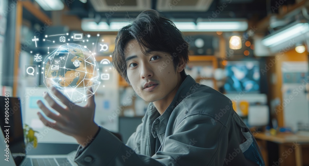 Leinwandbilder a young japanese man is sitting at the desk, holding up an earth with icons of global network and bu