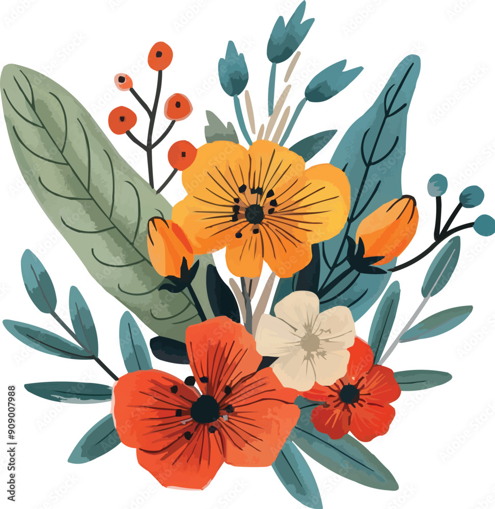 Canvas Prints bouquet of flowers with leaves,colorful flower arrangement flat vector illustration,generative ai