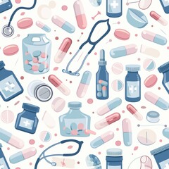 Seamless Pattern of Pastel Medical Items Including Stethoscopes and Pills