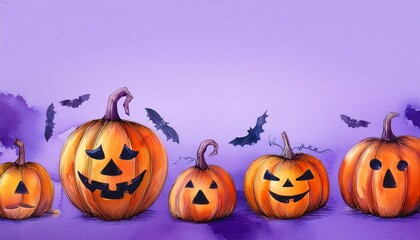 水彩画のハロウィンのカボチャのお化け。ジャックオランタン。コピースペース。（Watercolor Halloween pumpkins ghost. jack o lantern and copy space.）
