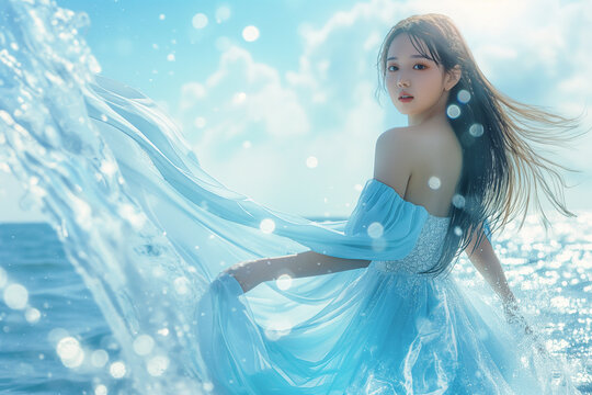 Asian young woman naiad with water dress, undine in the middle on the ocean, surprised by camera, wind and waves