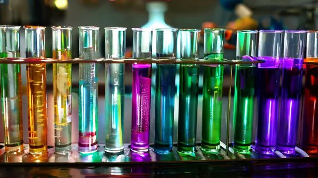 set of graduated cylinders with different measurements and colorful liquids