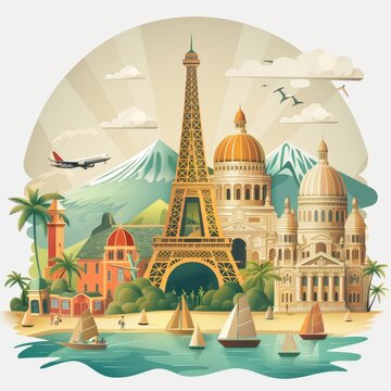 Iconic Landmarks of Paris and Beyond in a Vibrant Illustration
