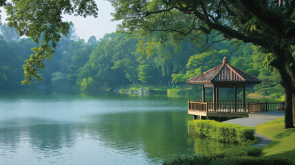 Serene lake with a wooden gazebo surrounded by lush green trees, perfect for relaxation and nature appreciation.