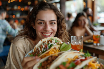 A happy woman enjoys eating tacos during lunch with friends in a lively Mexican restaurant. The atmosphere is filled with laughter, vibrant colors, and delicious food.