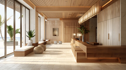 Modern hotel lobby with wood, white and beige tones, showcasing a luxurious and minimalist design, perfect for travel and hospitality. 