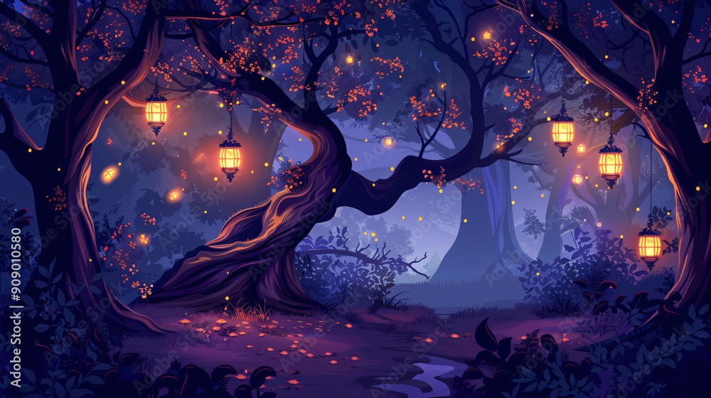 Poster magical woodland scene with glowing lanterns hanging from trees at dusk, creating a whimsical atmosp
