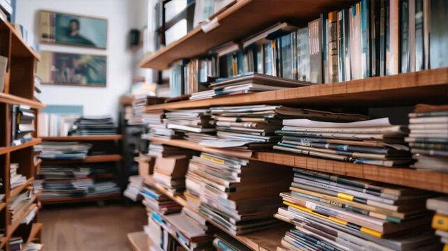  stack of business magazines on a wooden shelf, with titles related to entrepreneurship and innovation