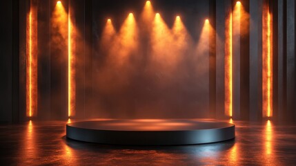 Obraz premium Circular Platform Illuminated by Orange Lights in a Dark Room
