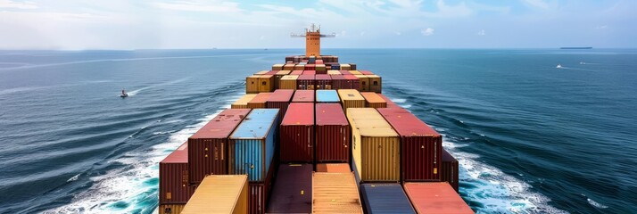 Freight shipping operation with large containers being transported on a cargo ship at sea with copy space