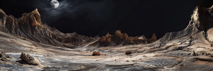 Moonlit landscape with dramatic rock formations and a dark, mysterious sky.