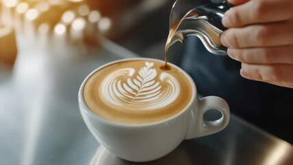 Detailed shot of a barista making latte art, coffee shop, precise movements, artistic expression