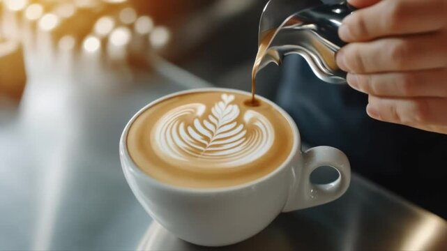 Detailed shot of a barista making latte art, coffee shop, precise movements, artistic expression