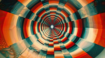 Abstract optical illusion tunnel with shifting shapes and contrasting shades, creating a dizzying effect