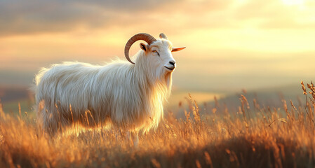 Obraz premium White Goat Grazing in Sunlit Field