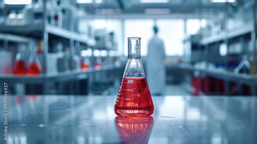 Poster Modern laboratory setting with a focus on a glass beaker containing a vibrant red liquid on a clean. Generative AI.