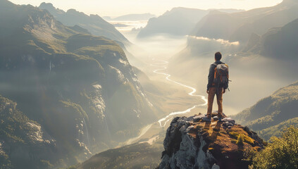 A man stands atop a mountain, overlooking the vast valley below,...