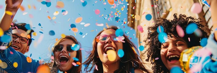 Friends celebrating by throwing confetti outdoors, showcasing the fun of student life and parties, with copy space